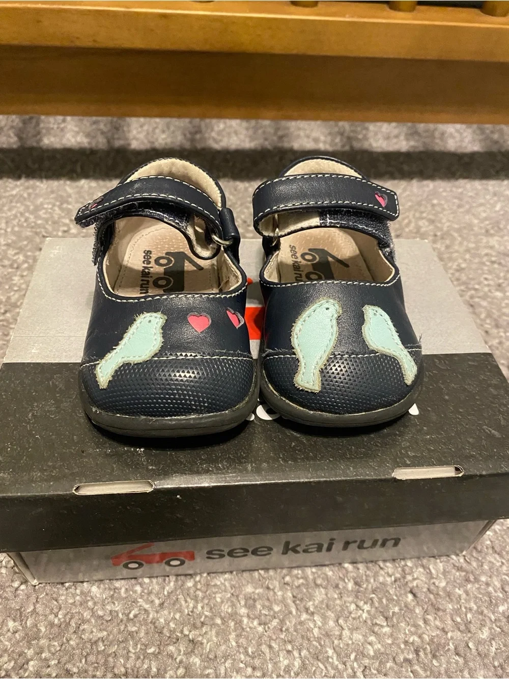 See Kai Run Navy Mary Jane Shoes with Mint Bird and Pink Heart Accents - Picture 1 of 5